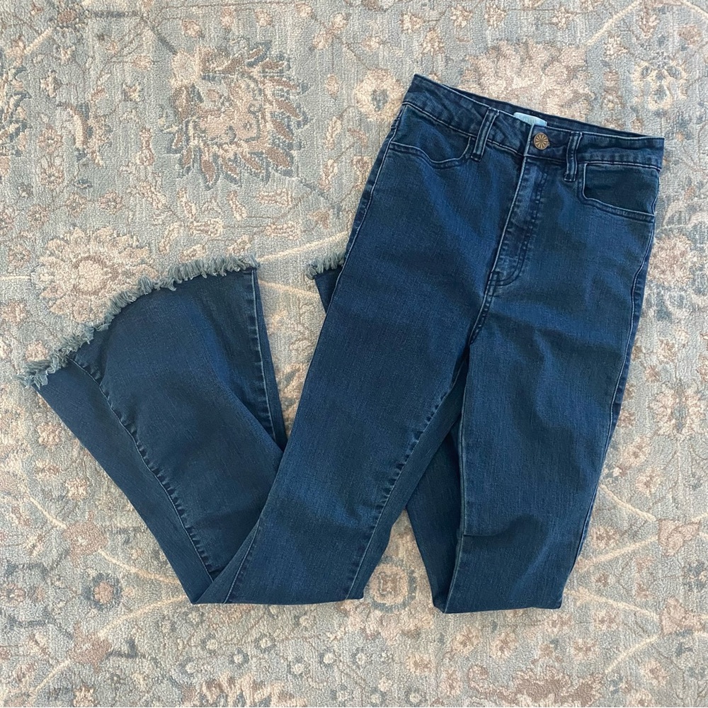 Show Me Your Mumu Berkeley Zip Up Bell Bottom Ultra Flare Jeans Dark Rainstorm